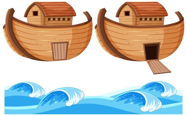 Conjunto de barco de madera y ola.