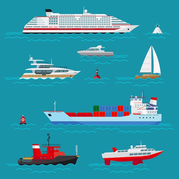 Conjunto de barcos de mar. Transporte marítimo, transporte marítimo, entrega y envío, boya y barco, crucero y remolque