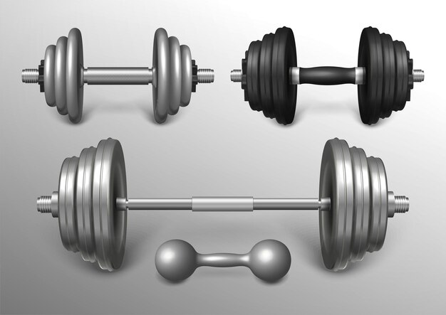 Conjunto de barra de metal y pesas cargables ilustración vectorial realista. Herramientas deportivas pesadas para entrenamiento, entrenamiento de levantamiento de pesas. Equipo de levantamiento de pesas y equipo de gimnasio para músculos fuertes.