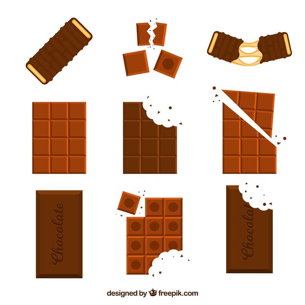Conjunto de barras y trozos con chocolates diferentes