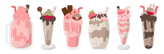 Conjunto de batidos y varias bebidas de batidos con cobertura en vidrio o tarro en la ilustración vectorial de estilo de dibujo