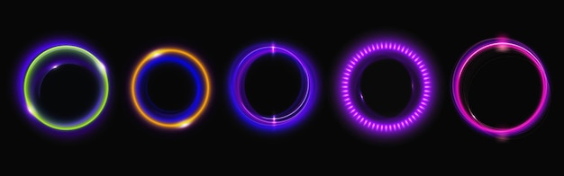 Conjunto de bengalas redondas de luz de neón aisladas sobre fondo negro Vector ilustración realista de remolinos circulares brillando en la oscuridad efecto halo energía vórtice iluminación LED iluminación disco