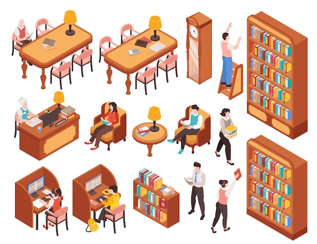 Vector gratuito conjunto de biblioteca con símbolos de libros ilustración vectorial aislada isométrica