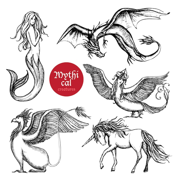 Conjunto de boceto dibujado a mano de criaturas míticas