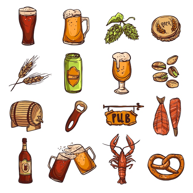 Vector gratuito conjunto de bocetos de cerveza