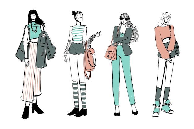 Conjunto de bocetos de conjuntos de moda femenina, bonitos y diversos.