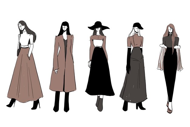 Conjunto de bocetos de hermosos y diversos atuendos de moda femenina.