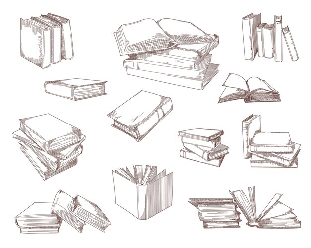 Conjunto de bocetos de libros abiertos, pilas, montones, cuadernos