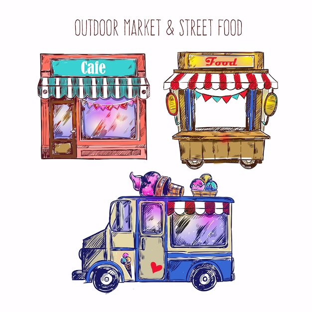 Conjunto de bocetos de mercado al aire libre