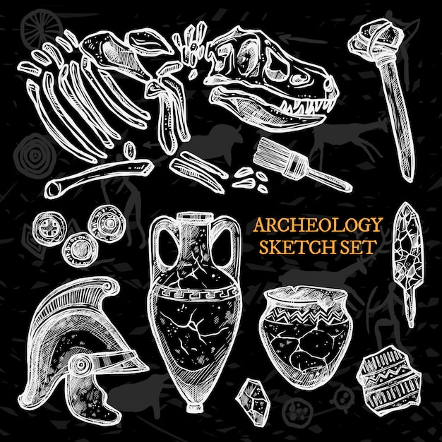 Vector gratuito conjunto de bocetos de pizarra de arqueología