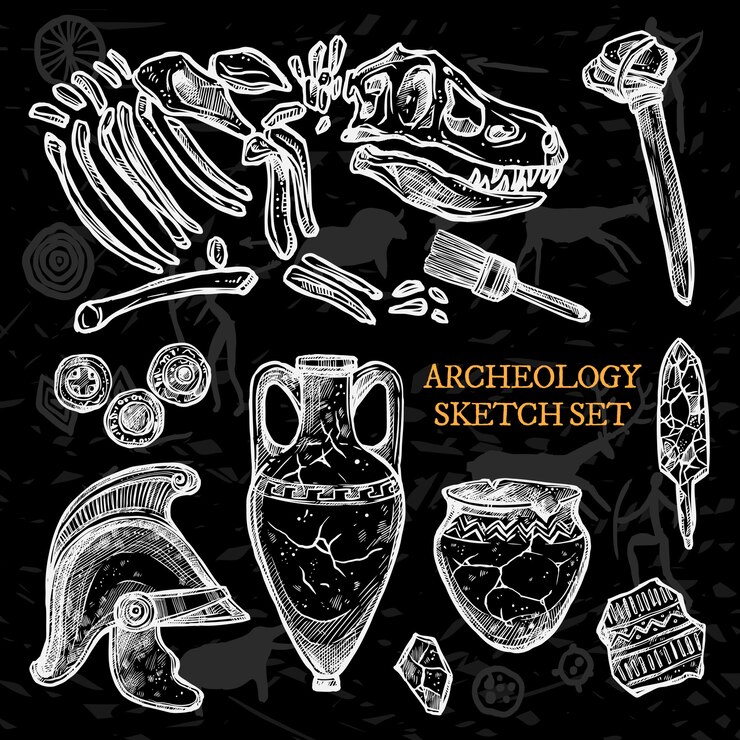 Vector gratuito conjunto de bocetos de pizarra de arqueología