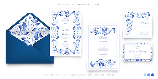 Conjunto de boda con hojas azules ornamentales