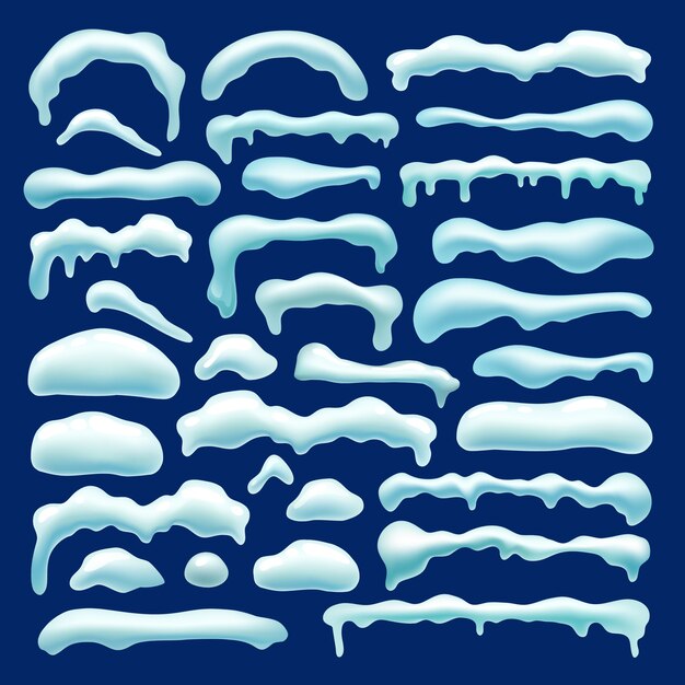 Conjunto de bola de nieve, gorros de nieve, carámbanos, ventisquero.