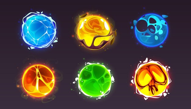 Conjunto de bolas de energía mágica aisladas en negro