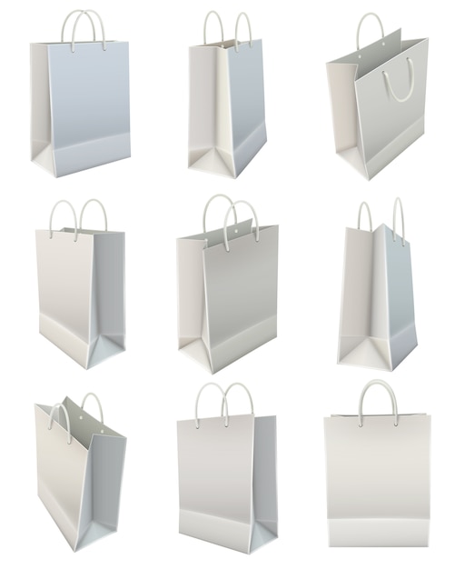 Vector gratuito conjunto de bolsa de compras de papel en blanco blanco