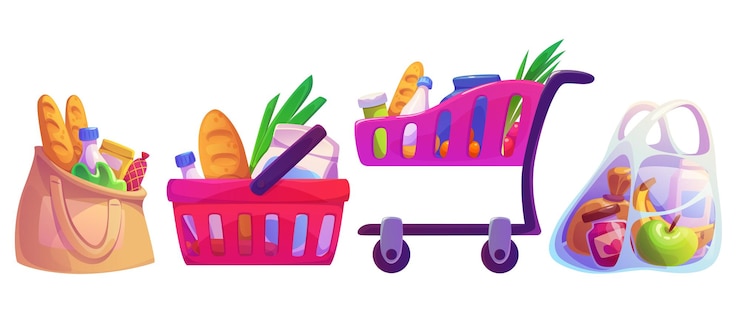 Vector gratuito conjunto de bolsas de la canasta de la tienda de comestibles