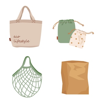 Conjunto de bolsas de tela y papel de malla para ir de compras concepto de estilo de vida sin residuos compradores coloridos