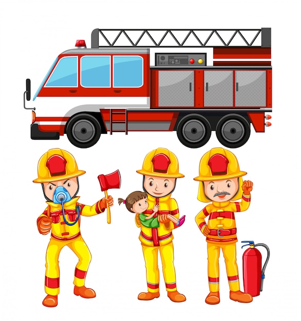 Vector gratuito conjunto de bombero y camión.