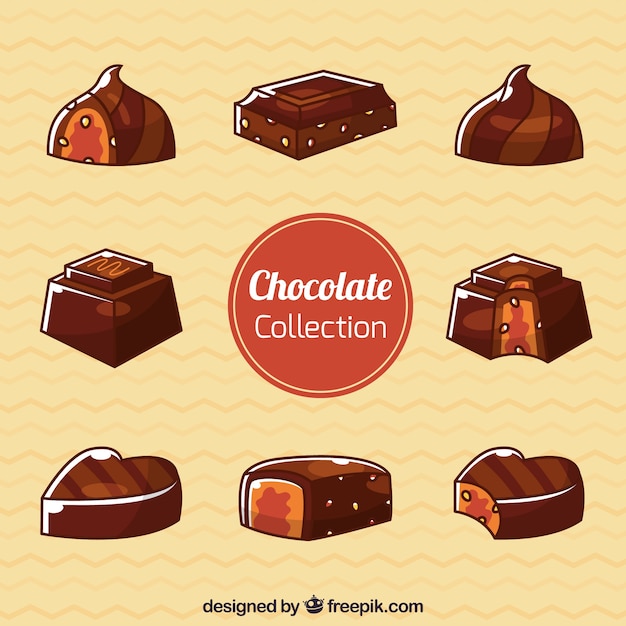 Vector gratuito conjunto de bombones de chocolates con sabores diferentes