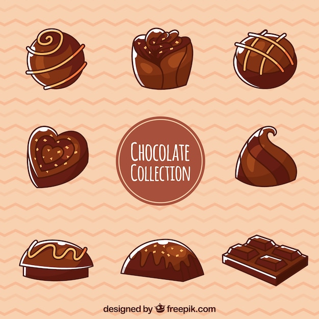 Vector gratuito conjunto de bombones de chocolates con sabores diferentes