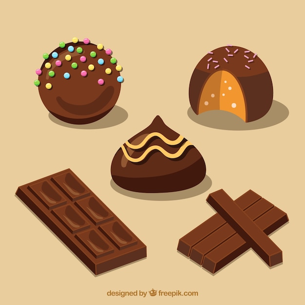 Vector gratuito conjunto de bombones de chocolates con sabores diferentes