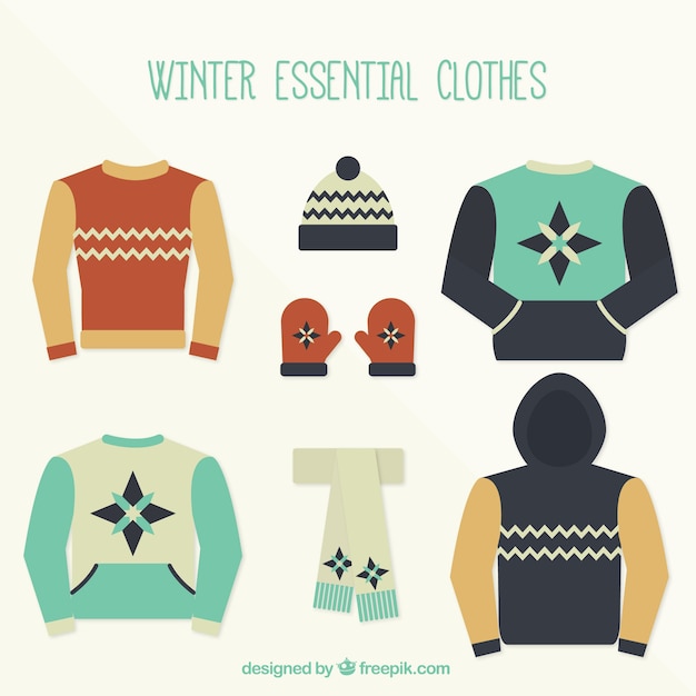 Vector gratuito conjunto de bonita ropa de invierno en diseño plano