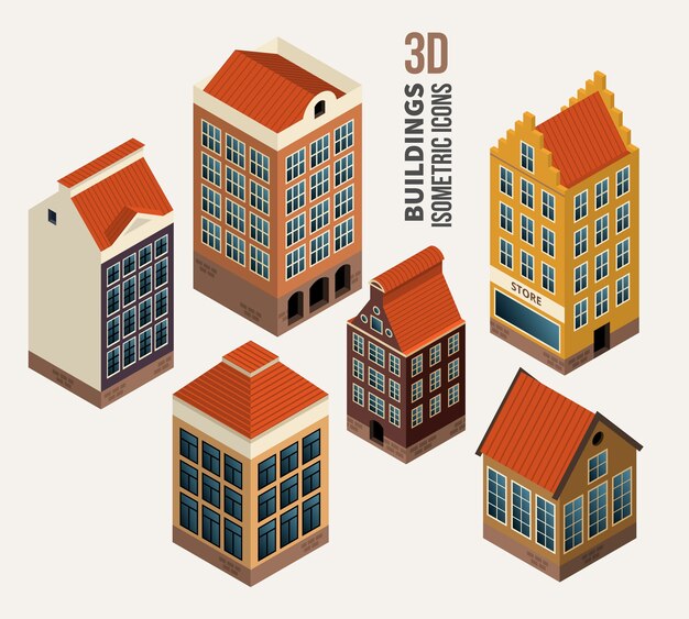 Conjunto de bonitas casas, arquitectura isométrica edificios vectoriales 3d. Icono y símbolo, bloque de viviendas. Ilustración vectorial