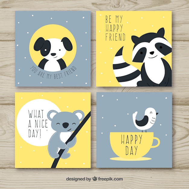 Conjunto bonito de tarjetas con animales felices