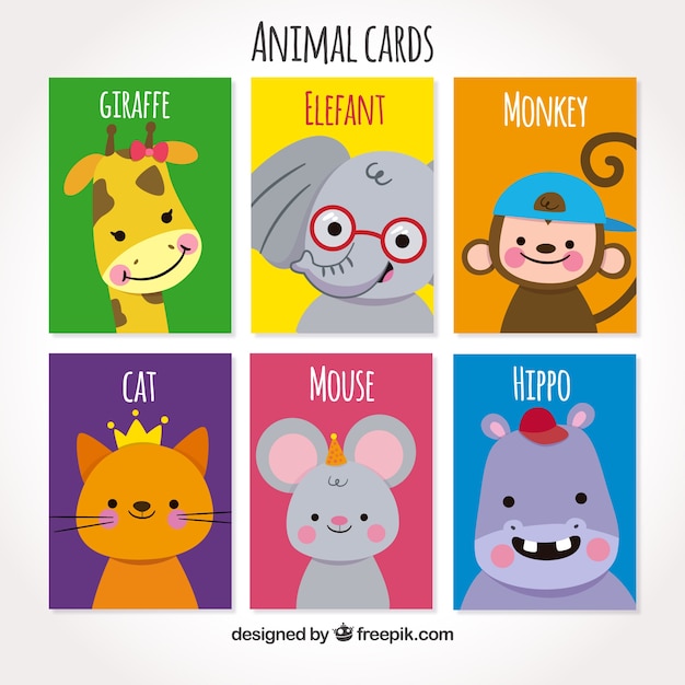 Conjunto bonito de tarjetas con animales sonrientes