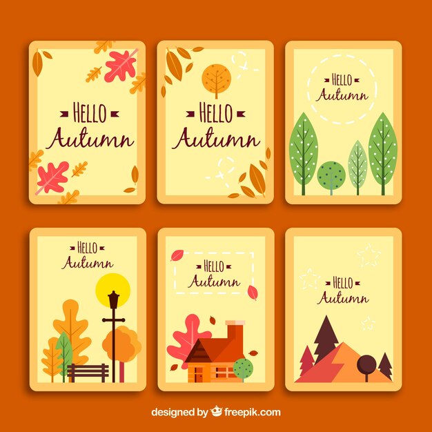 Conjunto bonito de tarjetas de otoño con diseño plano