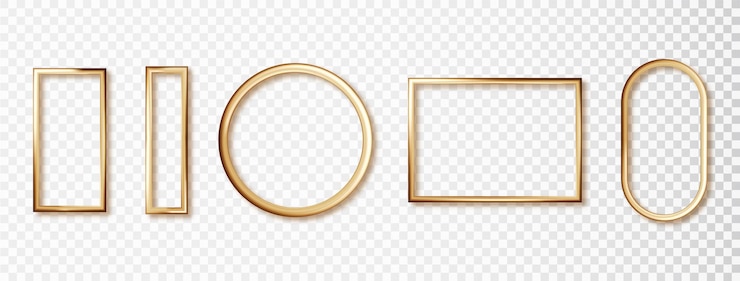 Vector gratuito conjunto de borde dorado de diferentes formas aisladas plantilla de marco de metal dorado realista diseño con lugar para inscripciones aisladas sobre fondo transparente