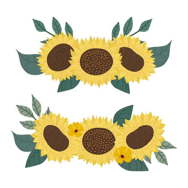 Conjunto de borde de girasol dibujado a mano