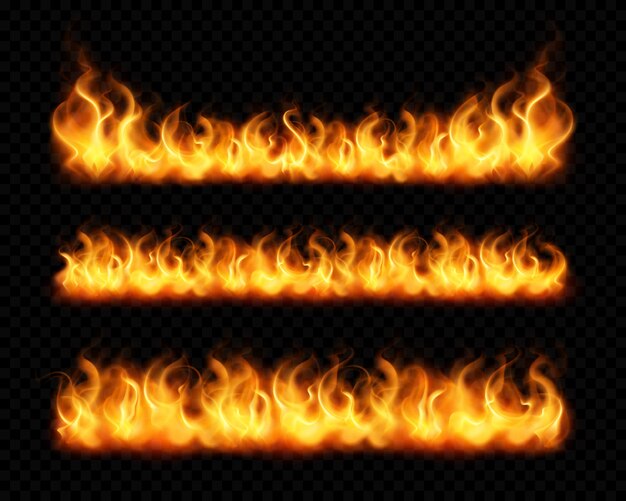 Conjunto de bordes realistas de llama de fuego de hogueras horizontales aisladas sobre fondo transparente oscuro