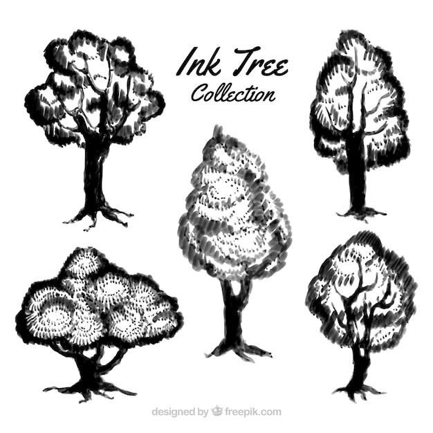 Conjunto de bosquejos de árboles de tinta