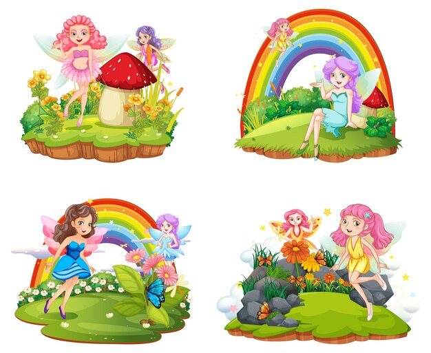 Conjunto de bosques fantásticos aislados con hermosas hadas.