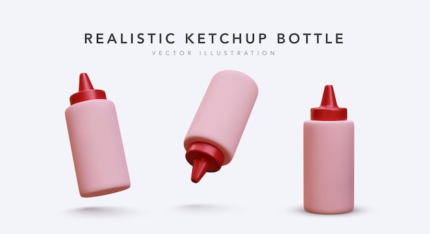 Conjunto de botella de ketchup 3d en diferentes posiciones aisladas sobre fondo blanco Ilustración vectorial