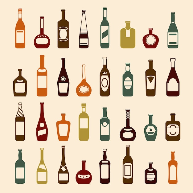 Conjunto de botellas de cerveza y botellas de vino. vector gratuito