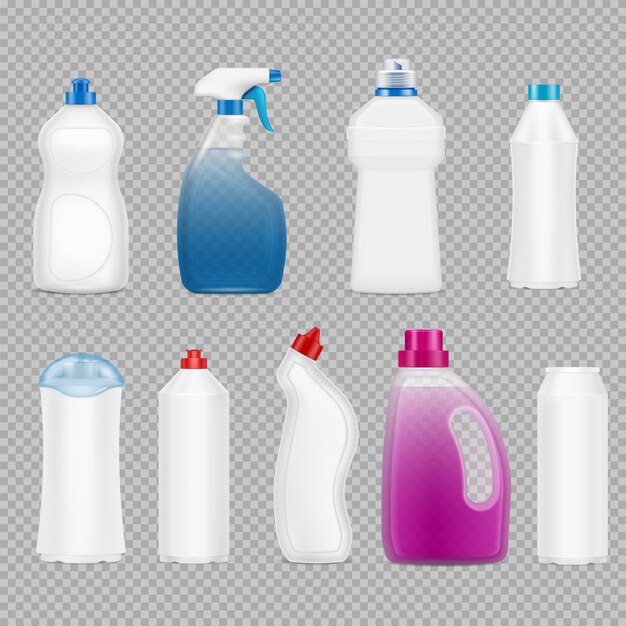 Conjunto de botellas de detergente de imágenes realistas en transparente con botellas de plástico aisladas llenas de jabón