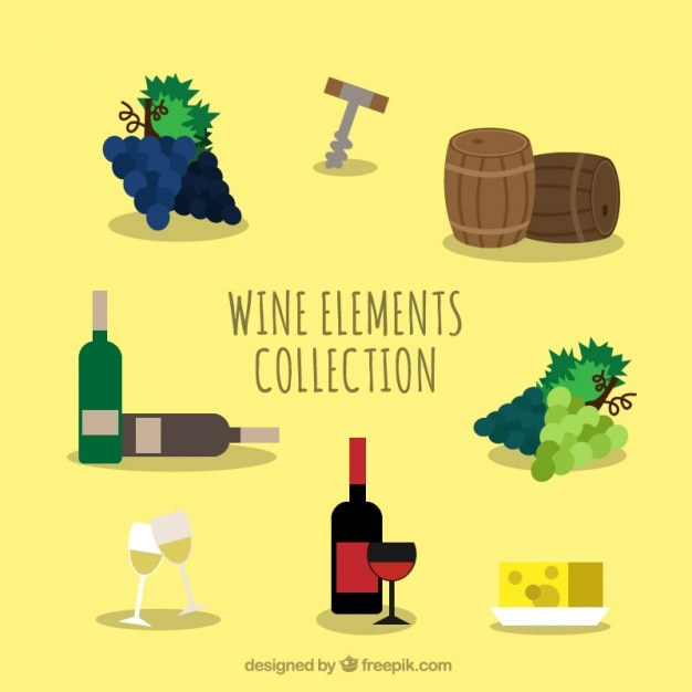 Conjunto de botellas de vino y elementos en diseño plano 