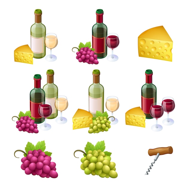 Vector gratuito conjunto de botellas de vino, vasos, queso y uvas.