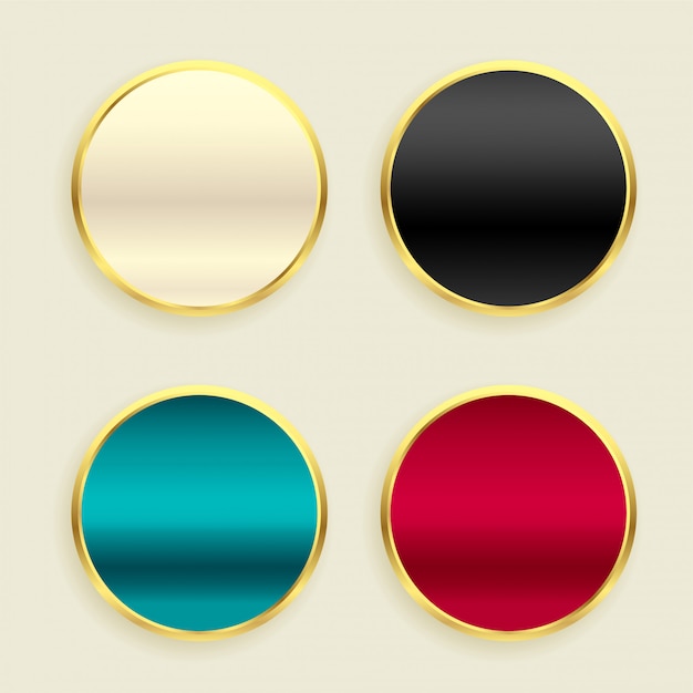 Conjunto de botones circulares dorados metálicos brillantes.