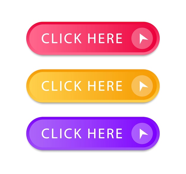 Conjunto de botones de colores haga clic aquí aislado sobre fondo blanco.