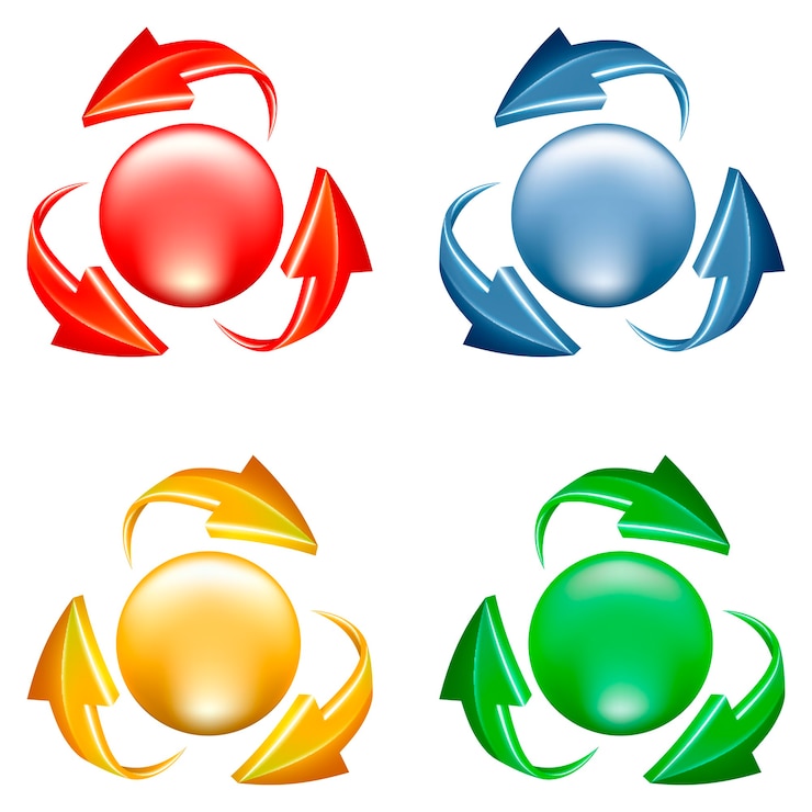 Vector gratuito conjunto de botones. icono 3d de esfera y flechas en varios colores.