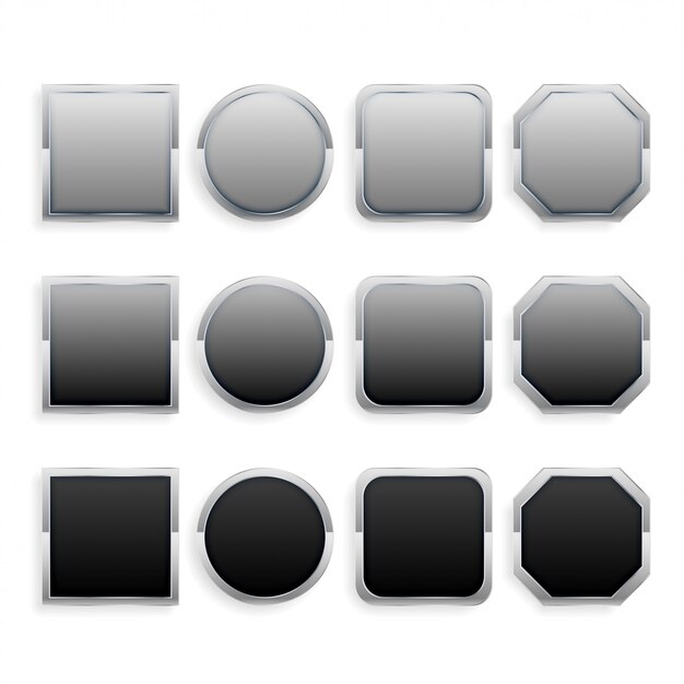 Conjunto de botones de marco de metal negro y gris.