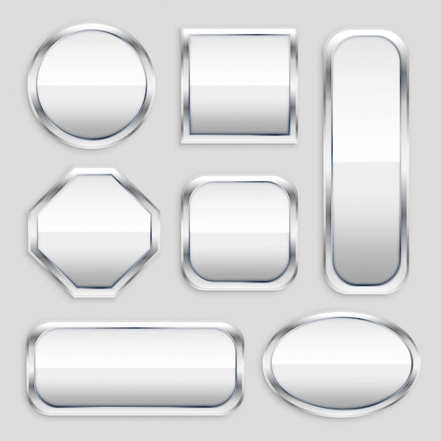 Conjunto de botones de metal brillante en diferentes formas.