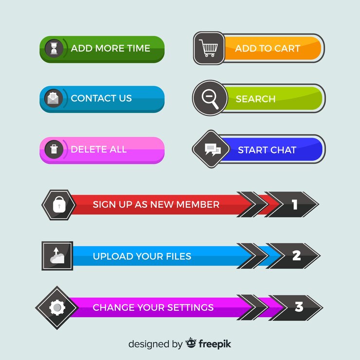 Vector gratuito conjunto de botones web en diseño flat