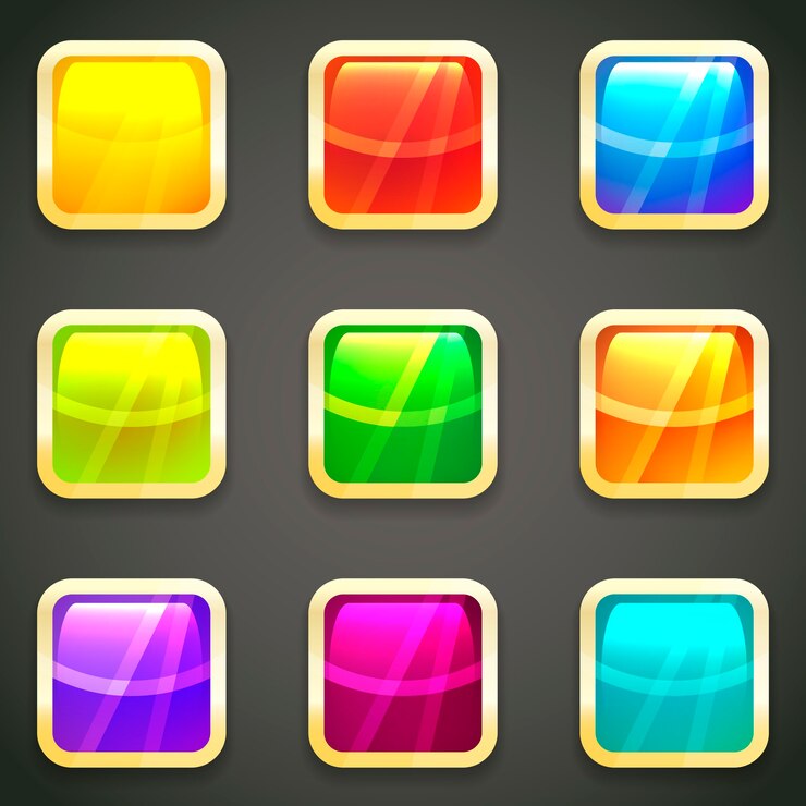 Vector gratuito conjunto de botones web de vector brillante brillante vibrante con marcos metálicos dorados