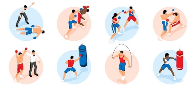 Vector gratuito conjunto de boxeo isométrico con composiciones circulares de práctica y escenas de lucha de boxeo con hombres y mujeres.