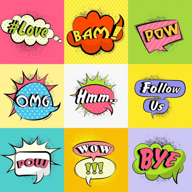 Conjunto de burbujas cómicas coloridas del discurso con diverso texto de la expresión, diseño del arte pop del vintage con efecto de semitono.