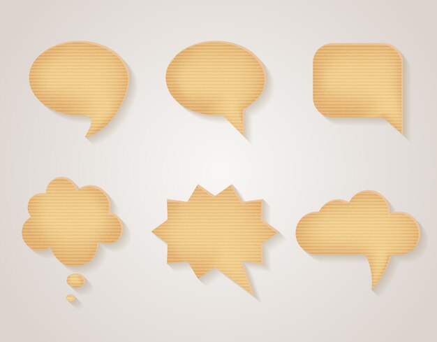 Conjunto de burbujas de discurso de cartón de papel. Mensaje en blanco, etiqueta de comunicación con textura, ilustración vectorial